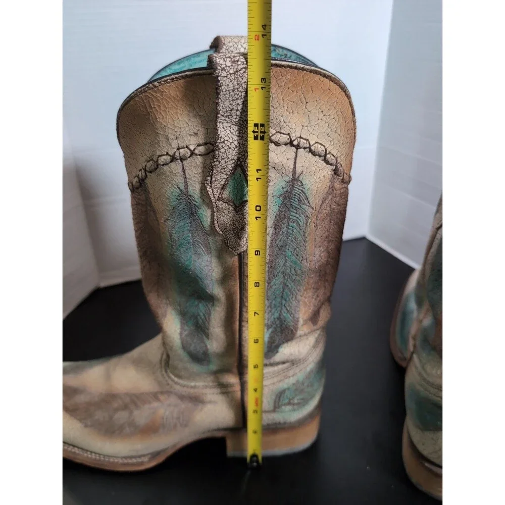 CORRAL SAND/TEAL   CRACKEL & FEATHER SQUARE TOE COWBOY BOOT MEN'S SIZE 12M EUC
